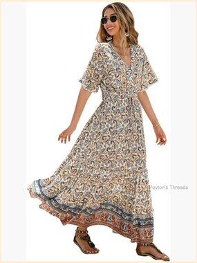 V Neck Floral Midi Dress with Drawstring Waist & Ruffled Hem